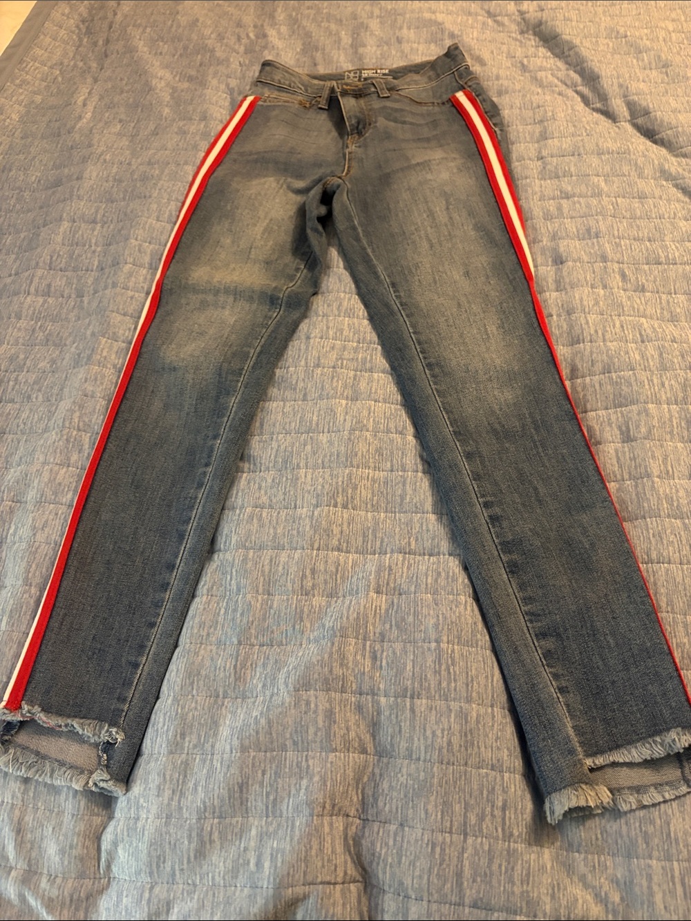 NOBO High Rise Skinny Jeans - Blue Denim with Red & White Piping on Side Seams